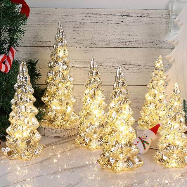 6 Pieces Glass Christmas Tree Silver Glass Christmas Decoration Lighted Table Top Christmas Trees with Lights Battery Operated Figurine for Mantel Centerpieces Tabletop (Vivid)