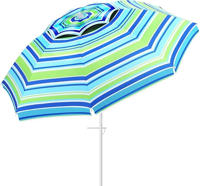 Beach Umbrella for Sand Wind Portable: Heavy Duty Wind Resistant Striped 6.5 ft Large Umbrellas UV 50+ Parasol with Anchor Screw Adjustable Height Tilting Pole 8 Ribs Carry Bag Lightweight