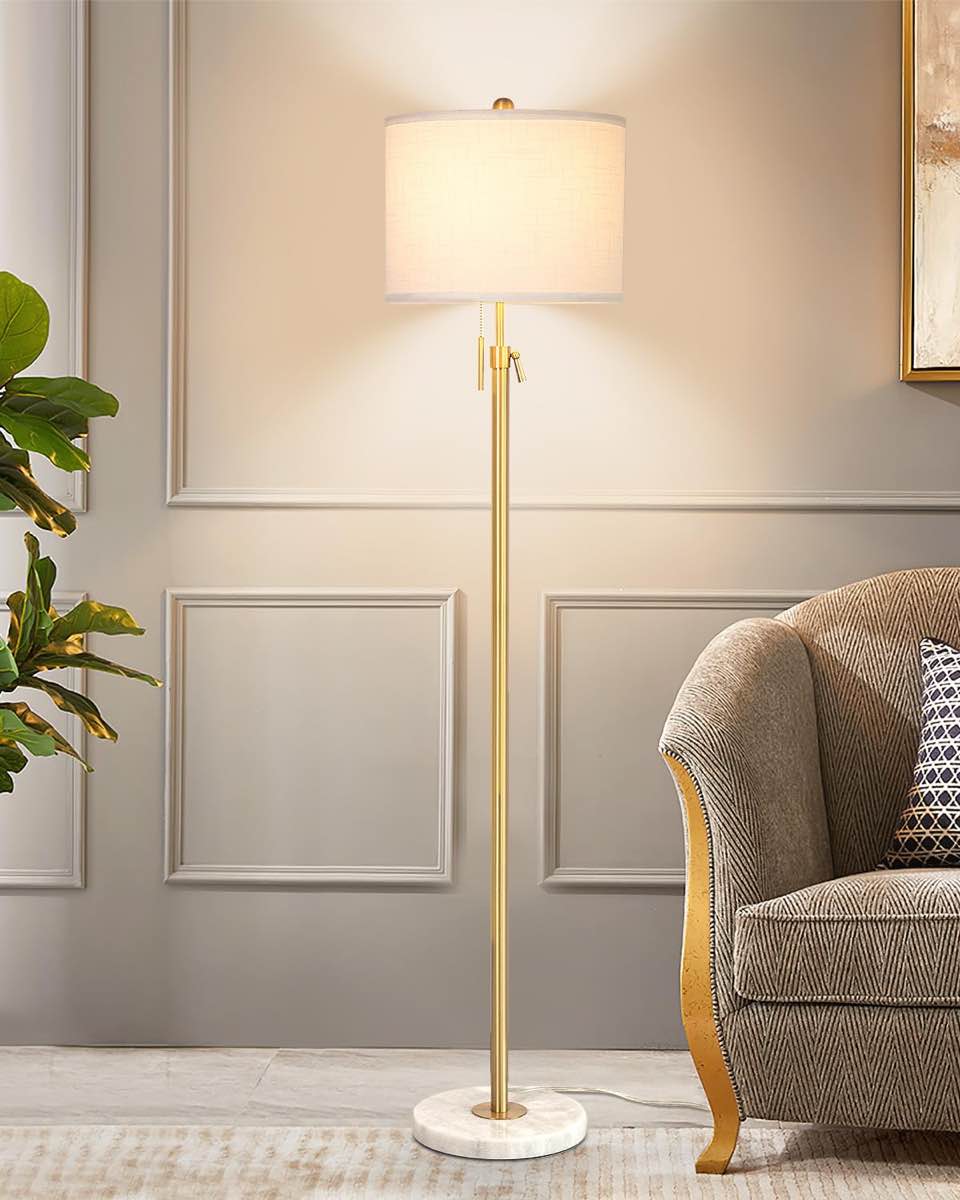 Modern Floor Lamp for Living Room, Adjustable Height Standing Lamp with Marble Base, 3-Way Dimmable Gold Tall Pole Light with White Linen Shade for Reading Bedroom, Pull Chain Switch, Bulb Included