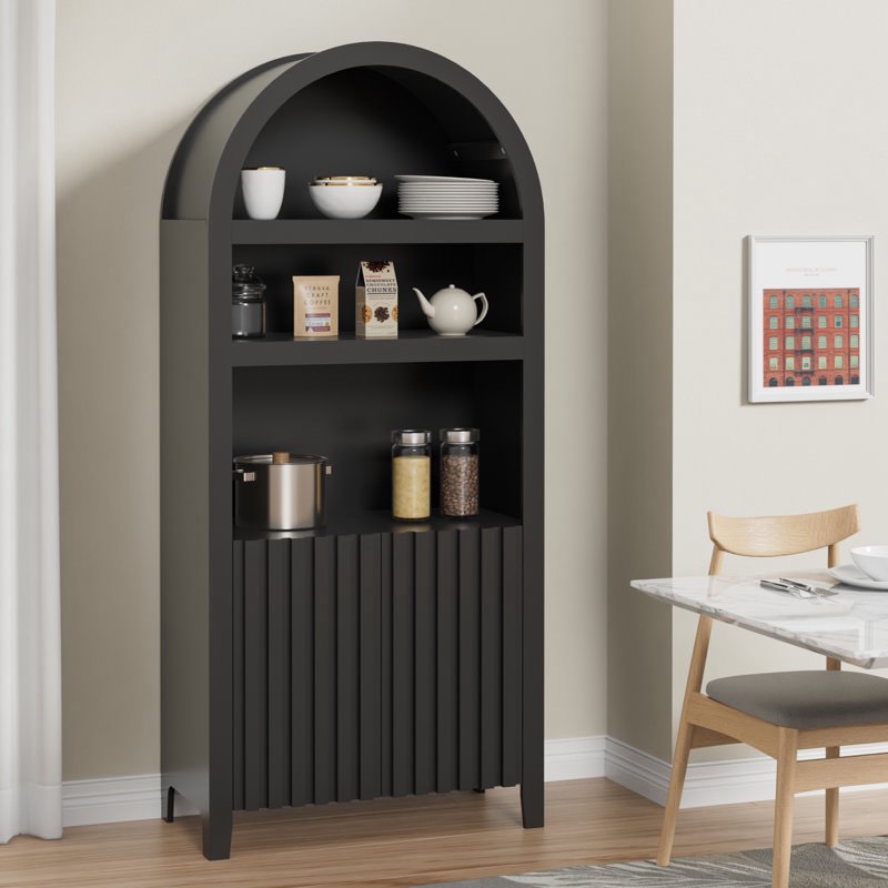 Tall Black Arched Bookshelf with Doors, 71" Modern Display Bookcase Storage Cabinet, Farmhouse 5-Tier Storage Book Shelf Kitchen Pantry Cabinet for Living Room Dining Room Kitchen