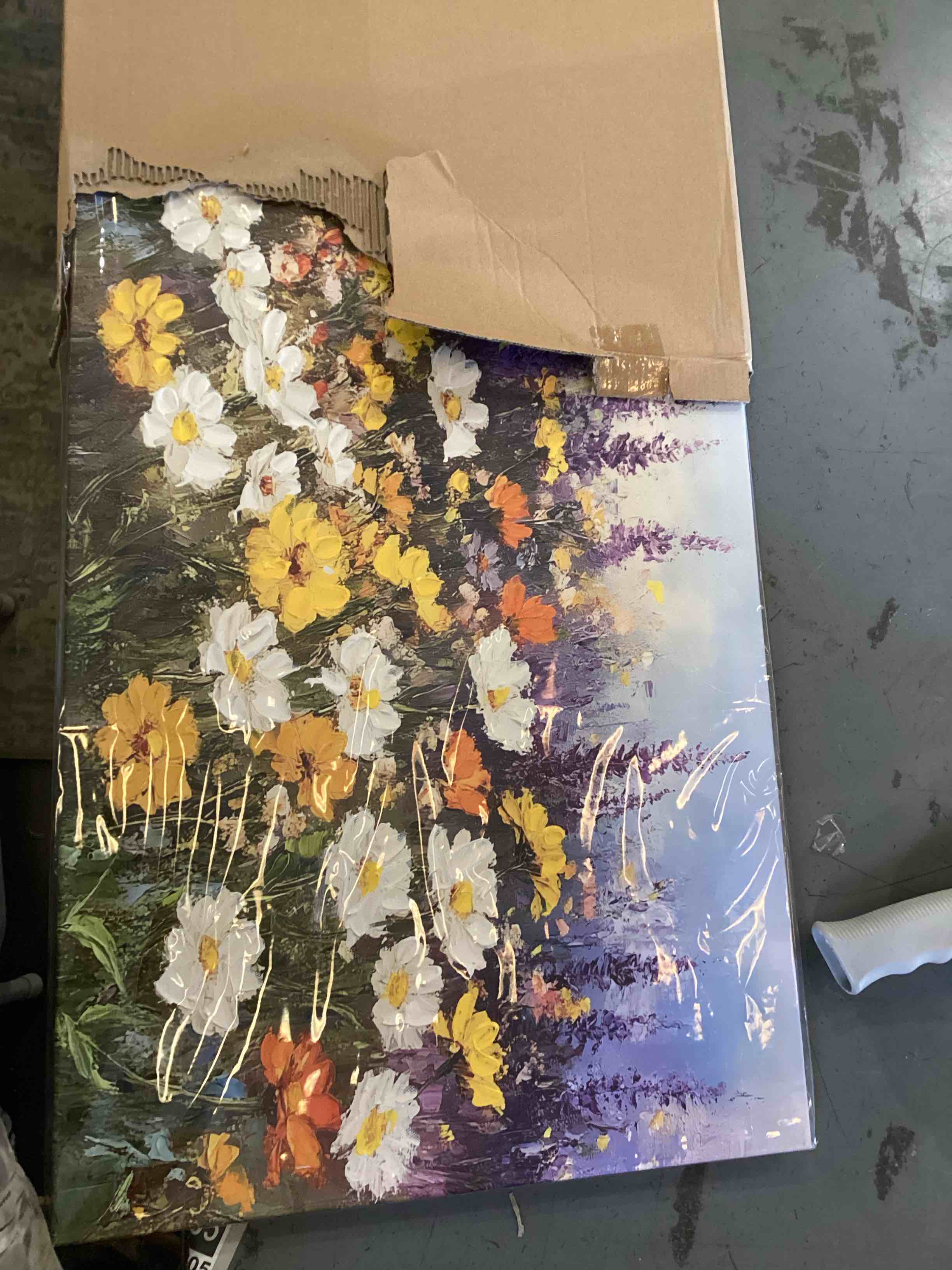 Condition photo showing As Is for Bathroom Flower Picture Wall Art Black and White Floral Painting with Gold on Canvas for Grey Bedroom Decor 18 x 12 Abstract-flower1218-01 18"L x 12"W