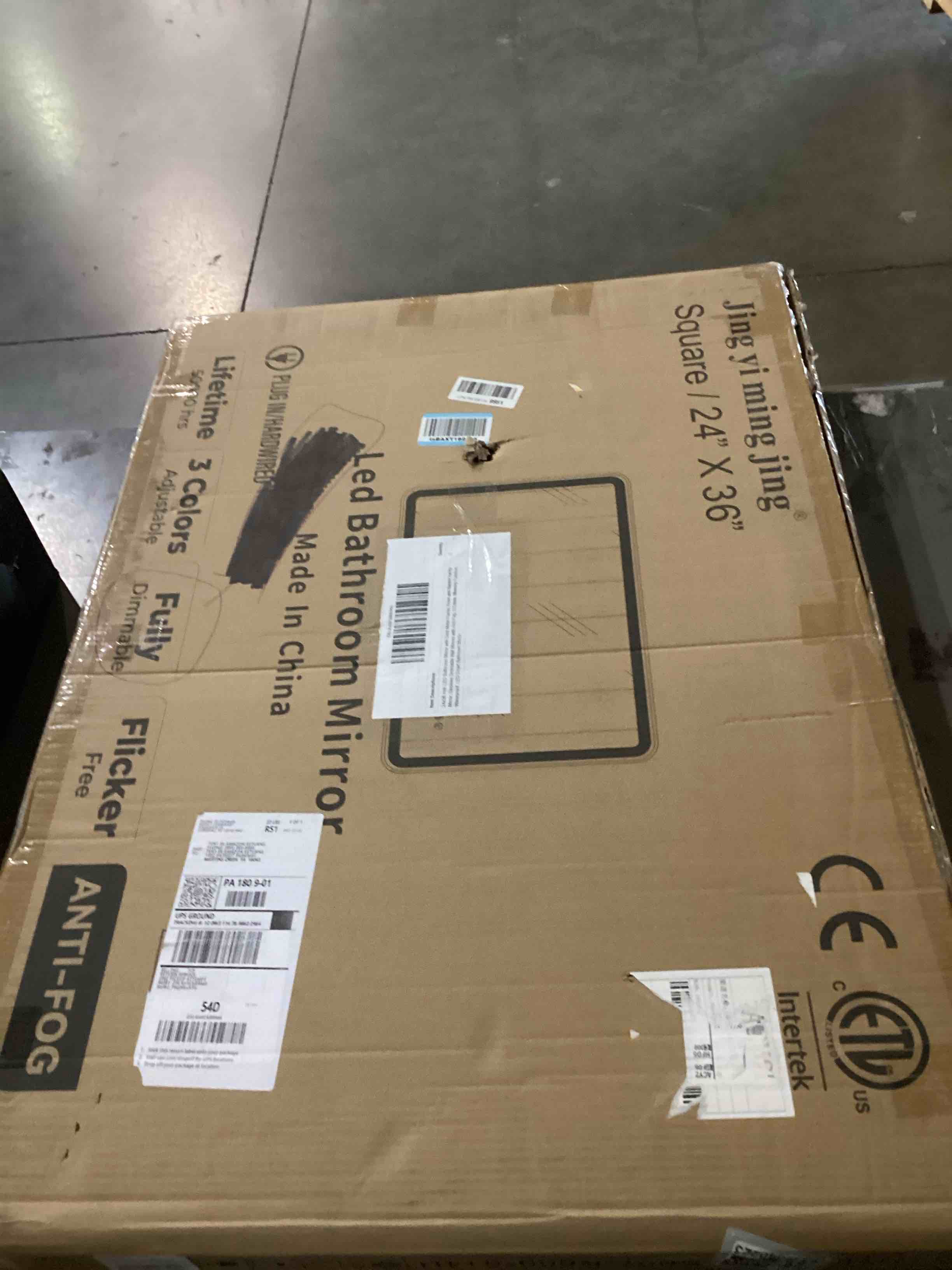 Condition photo showing As Is for 24x36 Inch LED Bathroom Mirror with Gold Metal Frame, Front and Backlit Vanity Mirror, Stepless Dimmable Wall Mirrors with Anti-Fog, 3 Colors, Memory Function, Waterproof, LED Smart Bathroom Mirror Gold 24"L x 36"W