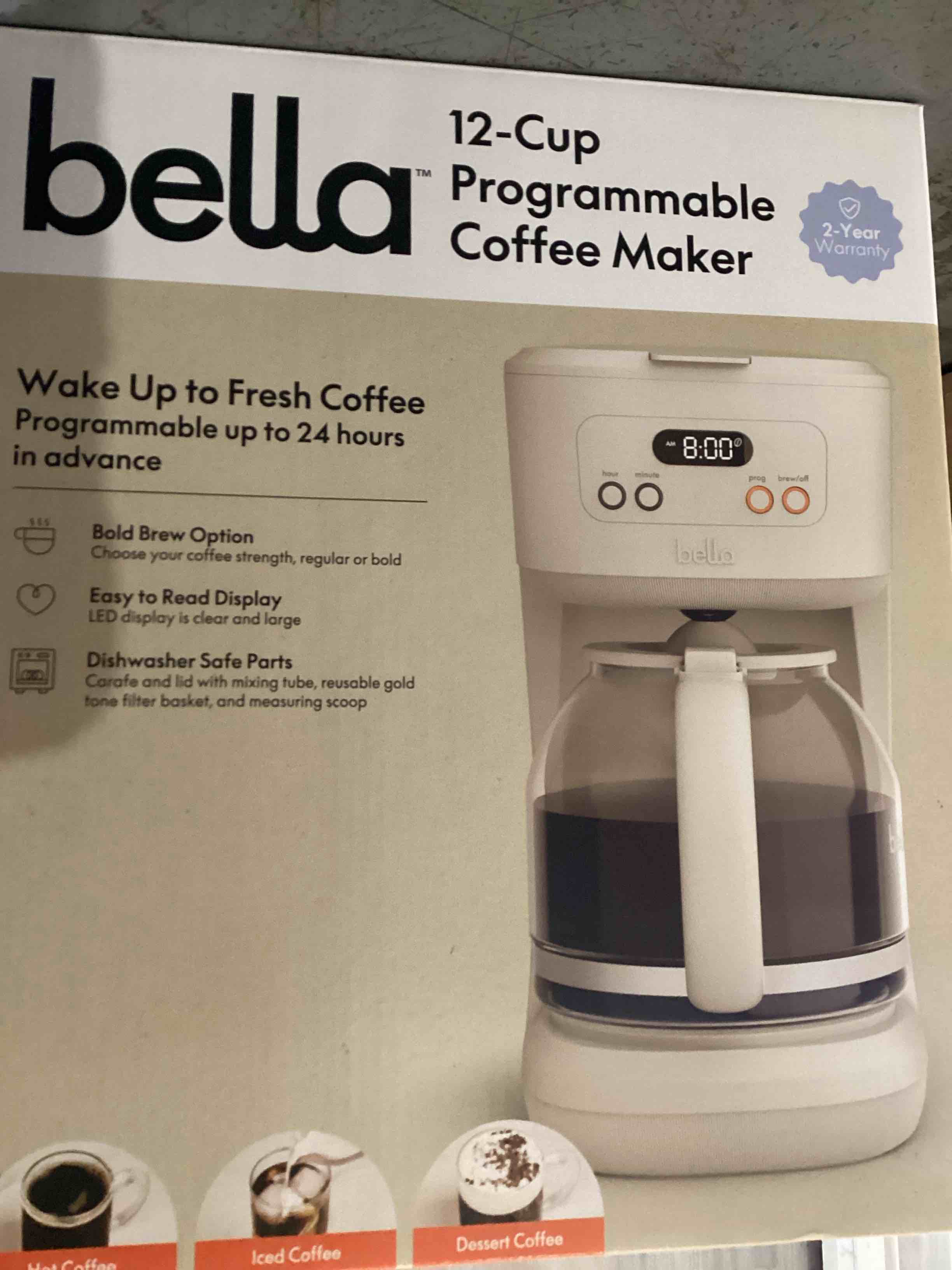 Condition photo showing As Is for BELLA 12 Cup Programmable Coffee Marker, Reusable Dishwasher Safe Accessories, Easy LCD diaply, Auto Shutoff, 900 watt, Oatmilk
