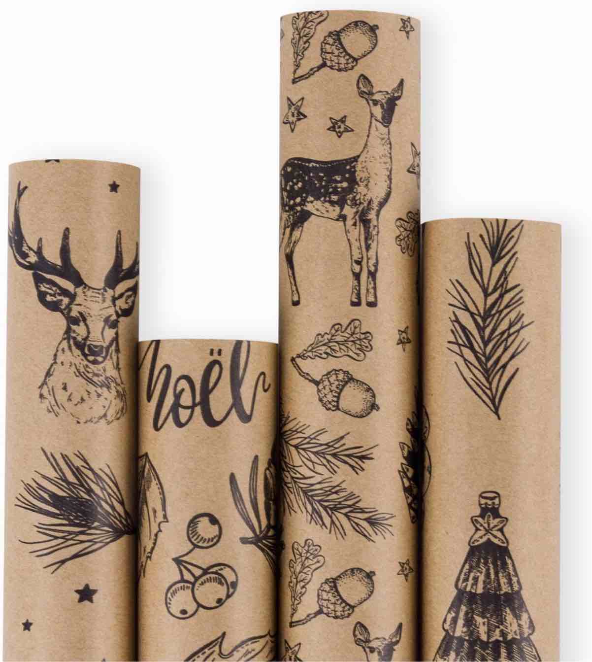 RUSPEPA Christmas Wrapping paper - Brown Kraft Paper with Black Christmas Elements Print Paper - 4 Roll-30Inch X 10Feet Per Roll Black Kraft