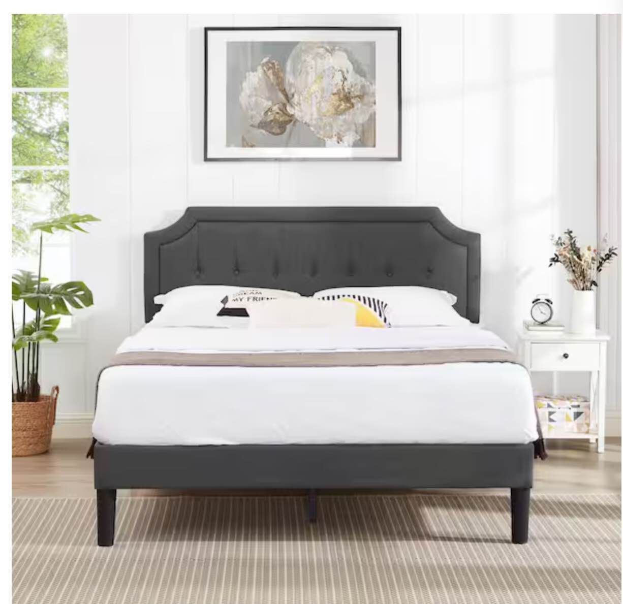 Classic Bed Frame, Gray Metal Frame?Full Size Upholstered Platform Bed with Sturdy Wood Slat Support & Headboard
