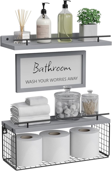 WOPITUES Floating Shelves for Bathroom Wall Decor Sign, Bathroom Organizers and Storage, Bathroom Shelves Over Toilet with Metal Guardrail-Grey