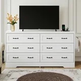 FTBFCB-6021 DEXTRUS 6-Drawer Double Dresser with Power Outlets, Wood Storage Cabinet Chest of Drawers, White