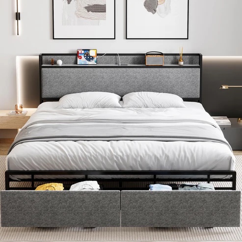 Headboard with Charging Station, Platform Bed Frame with 2 Drawers, No Box Spring Needed, Easy Assembly, Gray