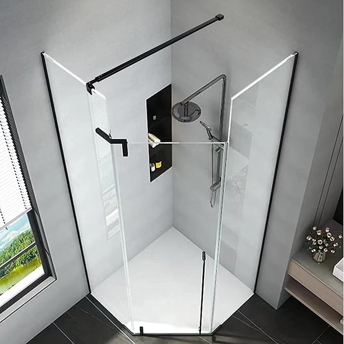 Matte Black Stainless Steel Wall-to-Glass Bathroom Shower Support Bar Arm for 5/16" 3/8" Thick Glass Door, 34”x74 Inch Fixed Supporting Rod for Frameless Glass Panel