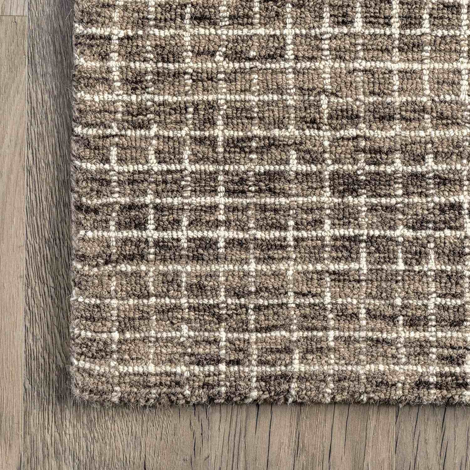 Rugs USA x Arvin Olano Melrose Checked Wool Area Rug - 4x6 Area Rug Farmhouse Brown/Ivory for Living Room Bedroom Dining Room Kitchen