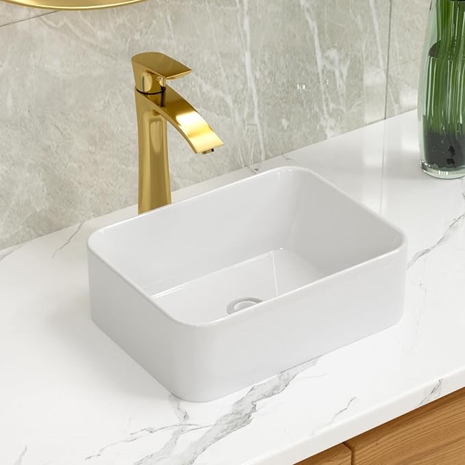 VCCUCINE Rectangular Vessel Sink, 16"X12" Small Bowl Bathroom Vessel Sink, White Ceramic Lavatory Above Counter Art Basin Vanity Sink