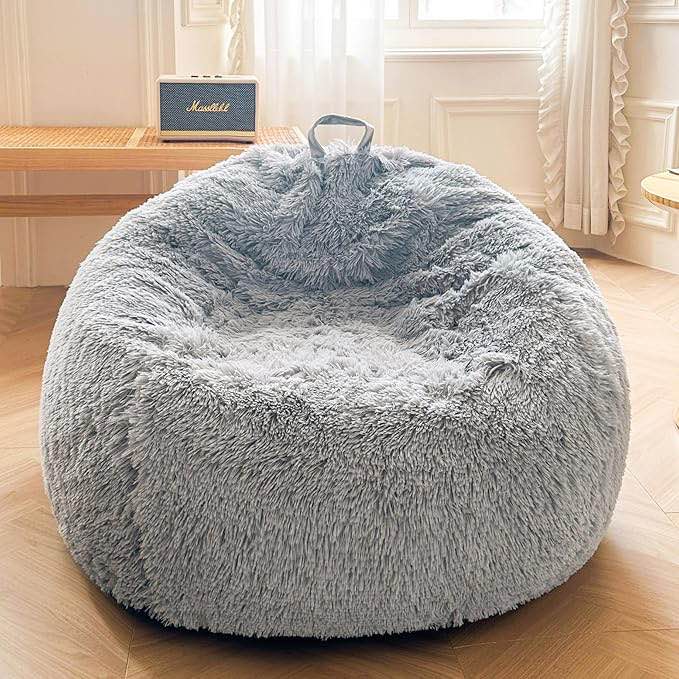 XeGe Fluffy Stuffed Animal Storage Bean Bag Cover (No Filler), Faux Fur Washable Ultra Soft Bean Bag Cover for Plush Toys or Textile, Plush Shaggy Large Bean Bag for Adults Kids Teens, Light Grey