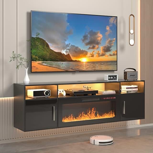 70" Floating Fireplace TV Stand for TVs up to 80", Wall Mounted Media Console with LED Lights Color: Black