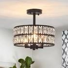 3-Light Crystal Ceiling Light Fixture Semi Flush Mount Chandelier with Drum Shade black 