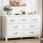 White Double Dresser for Bedroom, Modern 7 Drawers High Gloss Chest of Handle-Free Drawers with Storage, Wooden Wide Storage Organizer Cabinet Dressers