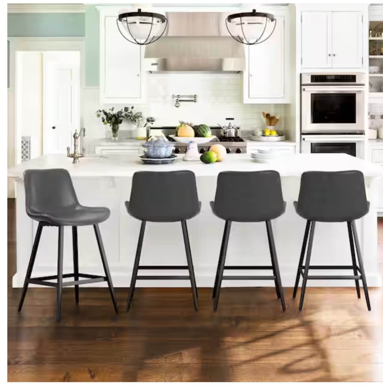 Abraham Dark Gray 24 in. Low Back Metal Frame Faux Leather Upholstered Cushioned Counter Height Bar Stool (Set of 4)