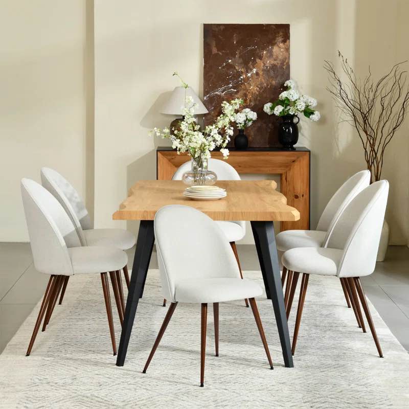 (Incomplete, only 2 chair) Dining Set - 63” Wood Table with Modern Wavy-Edge Design for Kitchen Dining Room Chair Color: Ivory, Table Top Color: Tan