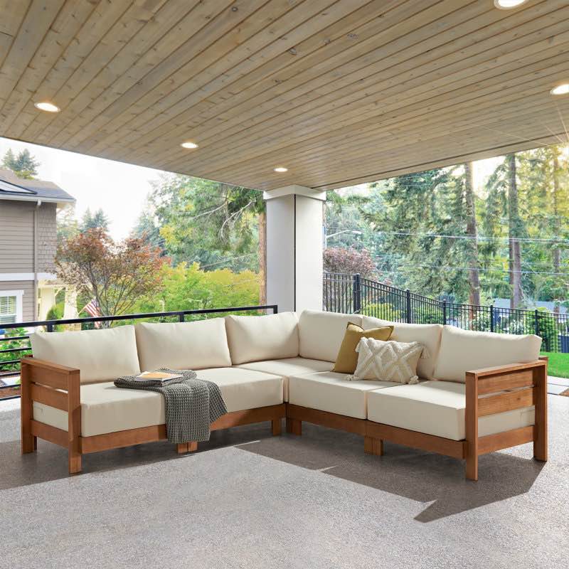 ( incomplete only 1 pcs) Pomona 102" L-Shaped Outdoor Solid Wood Patio Sectional with Cream Weather and Fade Resistant Cushions