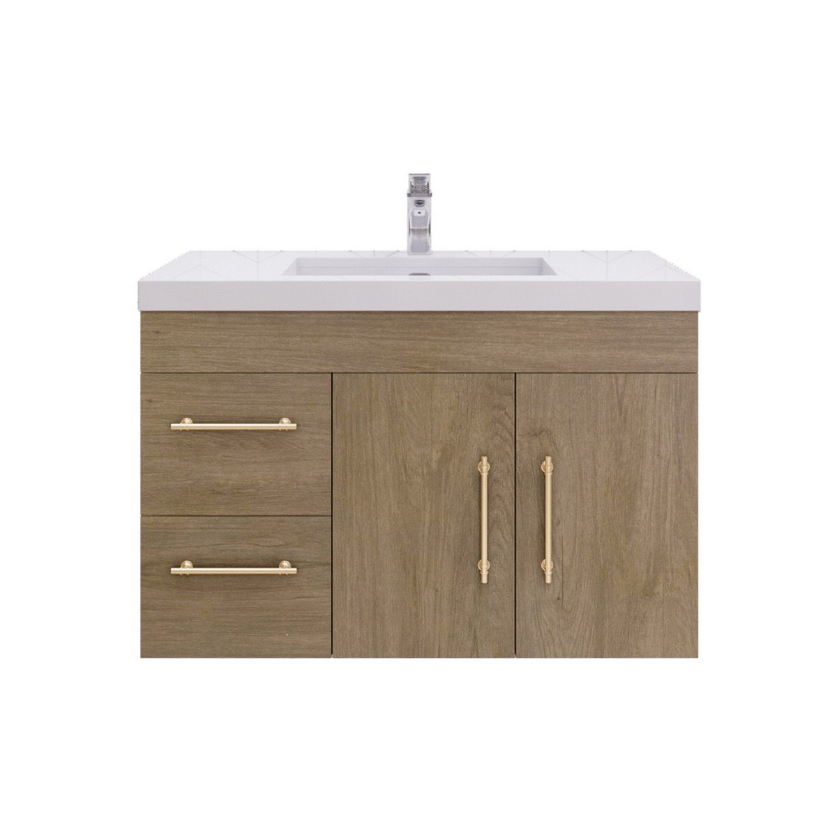 ( incomplete missing sink) Better Vanity ELSA36L-WO Elsa 35 1/4 Inch Wall Mounted Single Sink Bathroom Vanity with Gloss White Countertop, White Oak, Left Side Drawer 