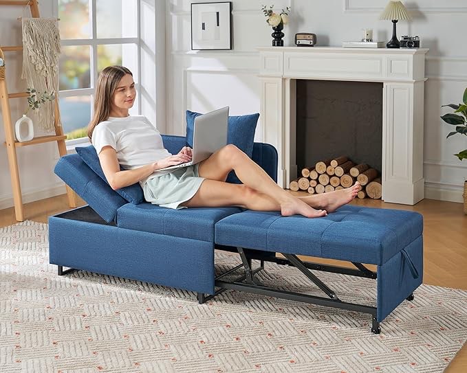 Sofa Bed, 3-In-1 Convertible Sleeper Chair With Adjustable Backrest, Chair Bed With 2 Throw Pillows For Living Room, Linen Upholstery Color: Blue