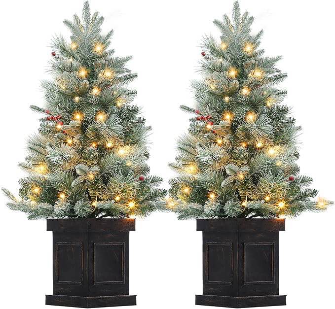 3ft Christmas Tree 2 Set, Pre-Lit Artificial Christmas Tree with Vintage Potted Base, Flocked Snow 70 Warm White LED Lights Red Berries, Festival Decoration Xmas Holiday Decor for Home, Entrances