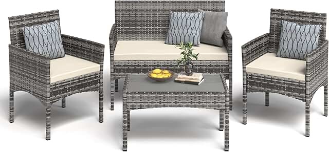 (incomplete box 1 only) 4 Piece Outdoor Patio Furniture Sets, Wicker Conversation Sets, Rattan Sofa Chair with Cushion for Backyard Lawn Garden (Grey)