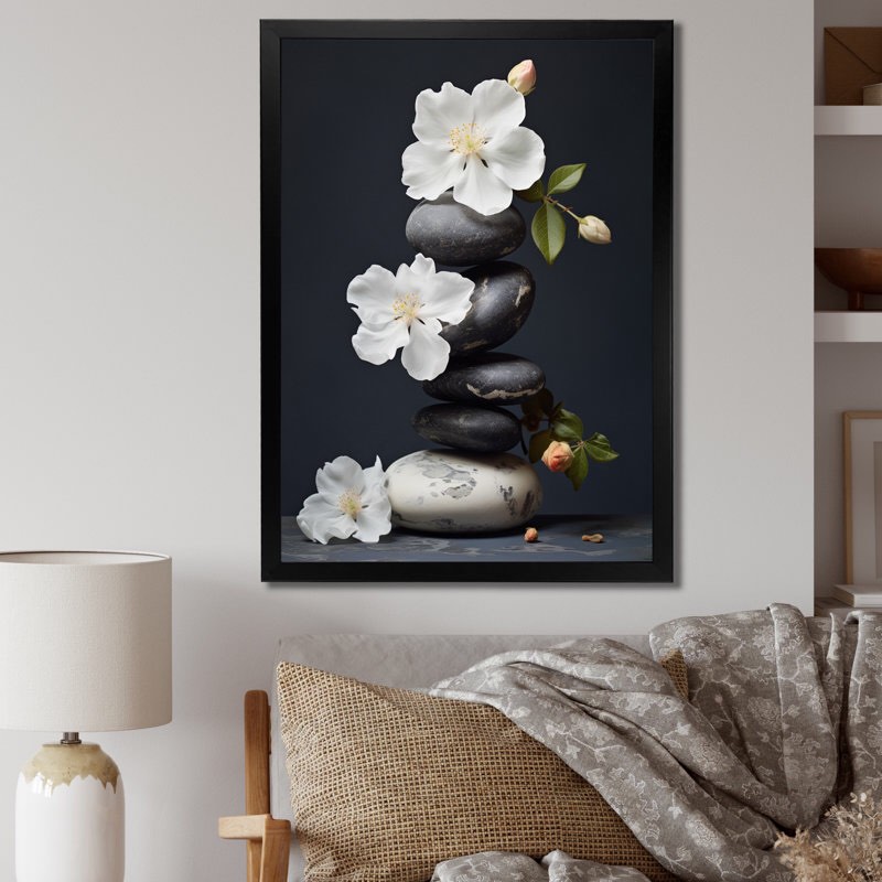 Zen Serenity White Flowers Black Stone Cairn Size: 44" H x 34" W x 1.5" D, Format: Black Floater Framed