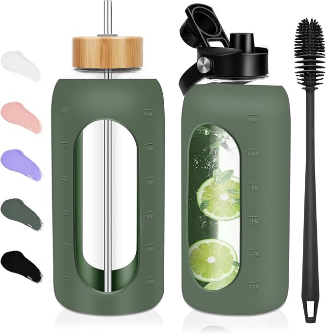 Glass Water Bottles 64 oz - Half Gallon Large Motivational Daily Water Intake Bottle Time Marker - Glass Water Bottle With Straw, Silicone Sleeve 2 Lids, Handle Spout & Bamboo Lid 64 Ounces Black
