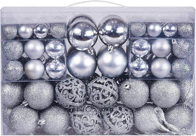 Christmas Balls Tree Ornaments, Shatterproof Christmas Decorations Set with Reusable Hand-held Gift Package for Holiday Xmas Tree Decor (100, Silver)
