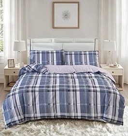 MAG 3pcs Gingham Duvet Cover,Striped Duvet Cover Set,Modern Duvet Cover Set,Checkered Bedding Set,Geometric Plaid Duvet Cover,Super Soft Micrifiber (Blue, Queen)