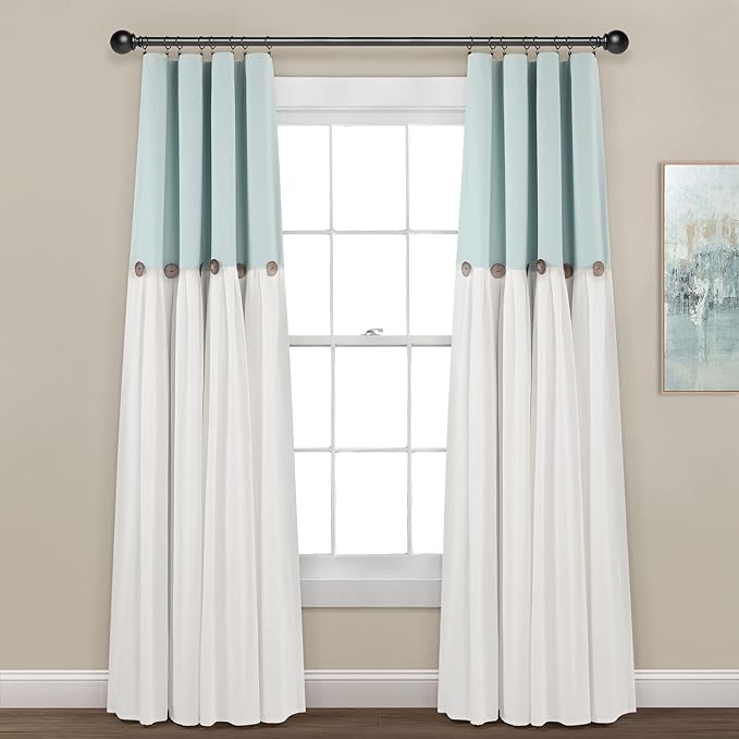 Lush Decor Linen Button 100% Lined Blackout Window Curtain Panel, Single, 40" W x 84" L, Blue & White - Blackout Curtains - Color Block - Farmhouse Curtains For Bedroom, Living Room & Dining Room