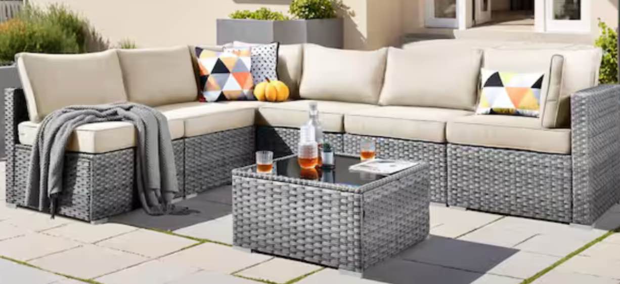 ( incomplete. 1 of 3 only) Daffodil D Gray 7-Piece Wicker Patio Conversation Sofa Set with Beige Cushions