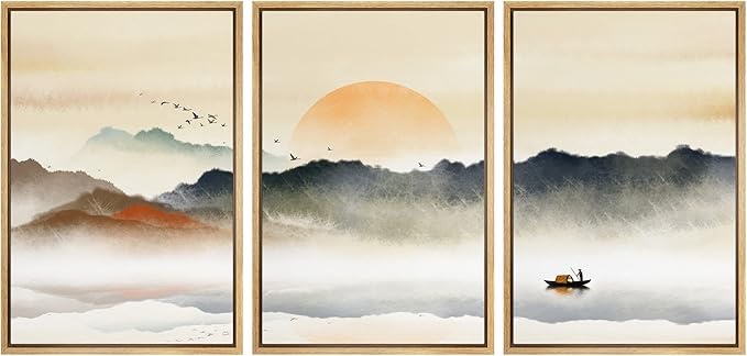 Framed Canvas Print Wall Art Set Pastel Rising Sun Misty Ocean Mountain Nature Wilderness Illustrations Modern Art Decorative Landscape Rustic for Living Room, Bedroom, Office - 24"x36"x3 Natural