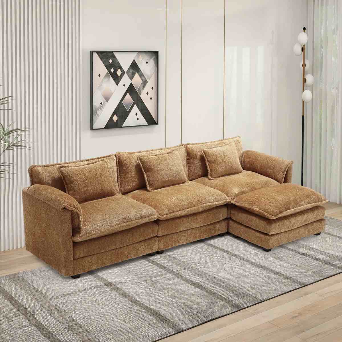 (INCOMPLETE) Valdo Reversible L-Shape Sectional Sofa, 4-Piece Modular Sectional with Double-Layer Seat & Ottoman Size: 33.46" H x 112.2" W x 55.51" D, Body Fabric: Yellow Chenille