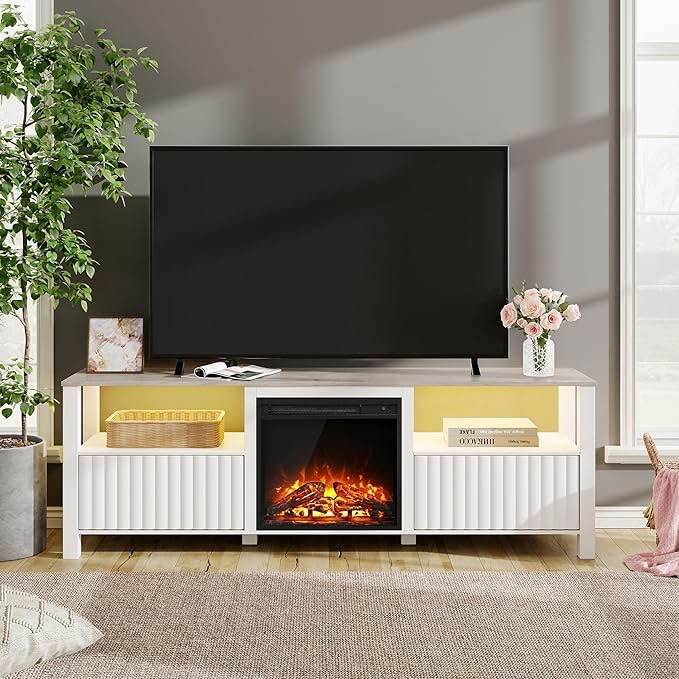 FITUEYES White Fireplace TV Stand for 80 Inch TV with LED Light, Wood Entertainment Center TV Console Table with Electric Heater & Storage Cabinet, Television Stands for Living Room Bedroom, 70 Inch