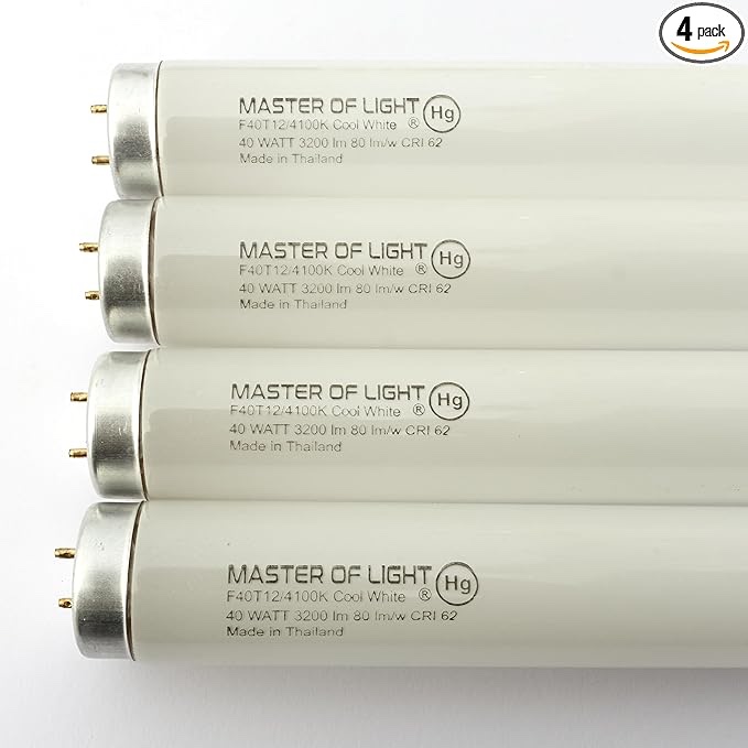 F40CW (4 Pack) 4ft Fluorescent Tube Light Bulb 40W 40 Watt T12 Cool White 4100K 1.5 Diameter Replaces F40T12/CW F40T12 F40XL/SP41 F40/SPX41 F40/SP41/ECO F40SP41 F40CWX, F40 CW Supreme (4)