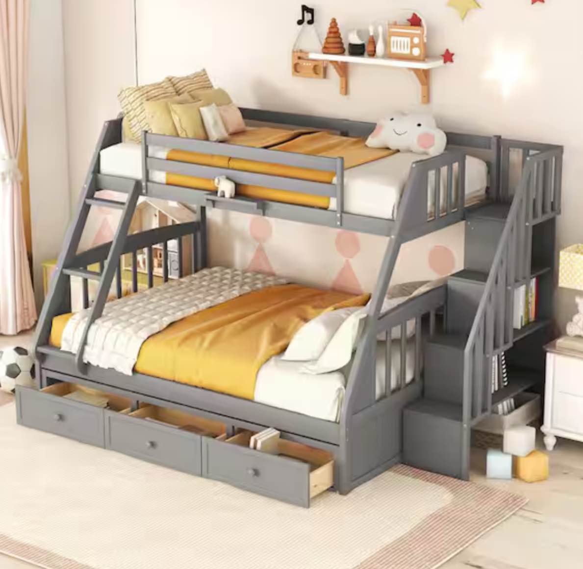 (INCOMPLETE) (BOX 2 OF 3) Bunk Bed With Drawers,Ladder And Storage Staircase Color: Gray