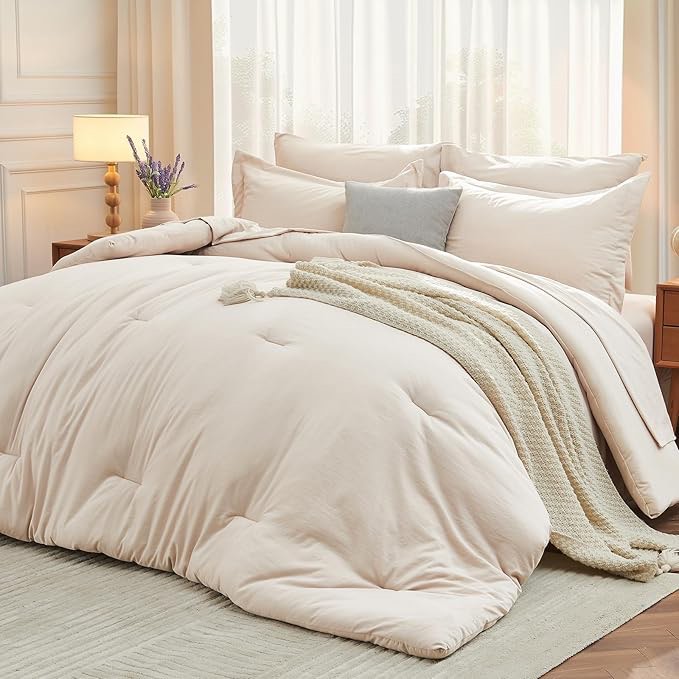 (similar) MUXHOMO 7 Pieces Full Comforter Set, Soft Bed in a Bag Full Size, All Season Bedding Set with Comforter, Flat Sheet, Fitted Sheet, Pillowcases & Shams, Beige