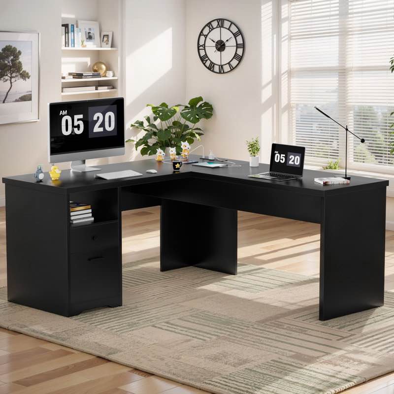 ((INCOMPLETE )) Swapan 56'' Lift Top L-Shaped Desk with Drawers and Power Outlets, Executive Desk