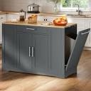 Cushing Rolling Kitchen Island with Wood Top & Trash Can Storage Cabinet