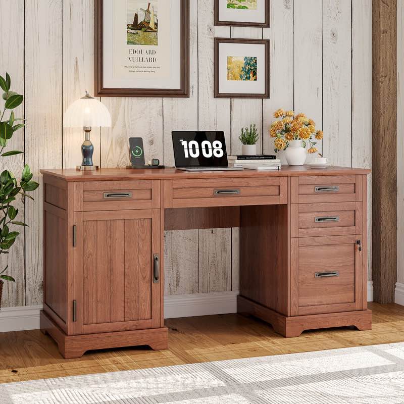 ((SIMILAR )) 55'' Farmhouse Executive Desk with Drawers, File Cabinet and Power Outlets