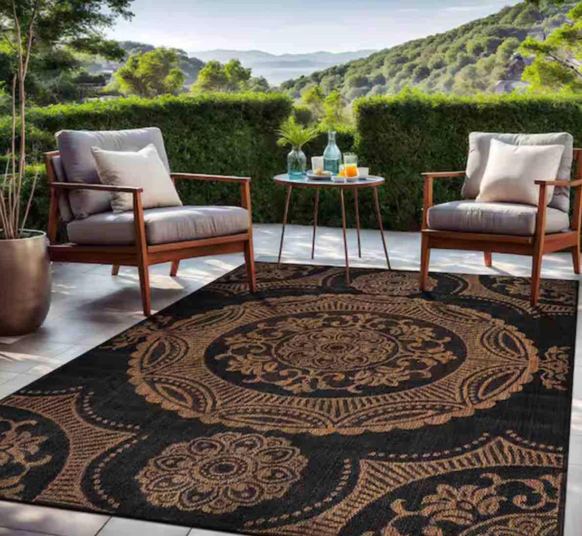 Waikiki Gold/Black 5 ft. x 7 ft. Medallion Indoor Outdoor Area Rug