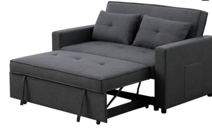 ( incomplete , missing arms) BOWERY HILL Dark Gray Linen Fabric 3-in-1 Convertible Sleeper Loveseat with Side Pocket
