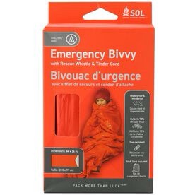 Survive Outdoors Longer (SOL) Emergency Bivvy with Rescue Whistle Packaging. Survive Outdoors Longer (SOL) Emergency Bivvy. A person using the Survive Outdoors Longer (SOL) Emergency Bivvy. SOL Emergency Bivvy with Rescue Whistle - Orange