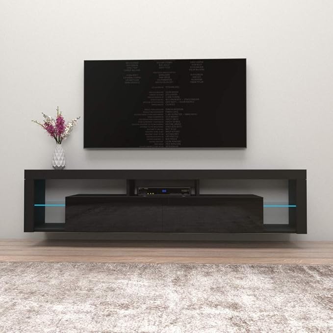 ((INCOMPLETE BOX 1 OF 2)) Meble Furniture Milano 200 Floating TV Stand - Modern High Gloss TV Stand with Storage Cabinets and LED Lights - Wall Mounted Media Entertainment Center Console Stand for TV - Black