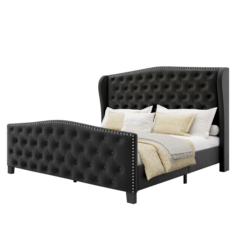 House of Hampton® Velvet Upholstered Platform Bed Frame With 51.1" Wingback Headboard & Deep Button Tufted Footboard, No Box Spring Required, Easy Assembly