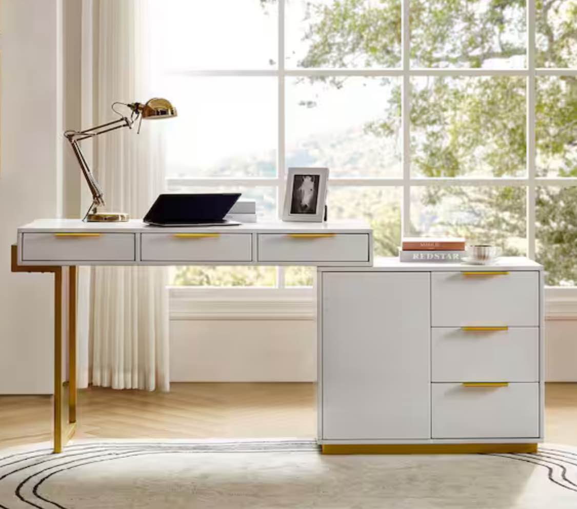 ((INCOMPLETE BOX 1 OF 2)) Joveda 30 in. Wide Rectangular White Wood 6-Drawer Office Desk with Storage, Shelves, and Door