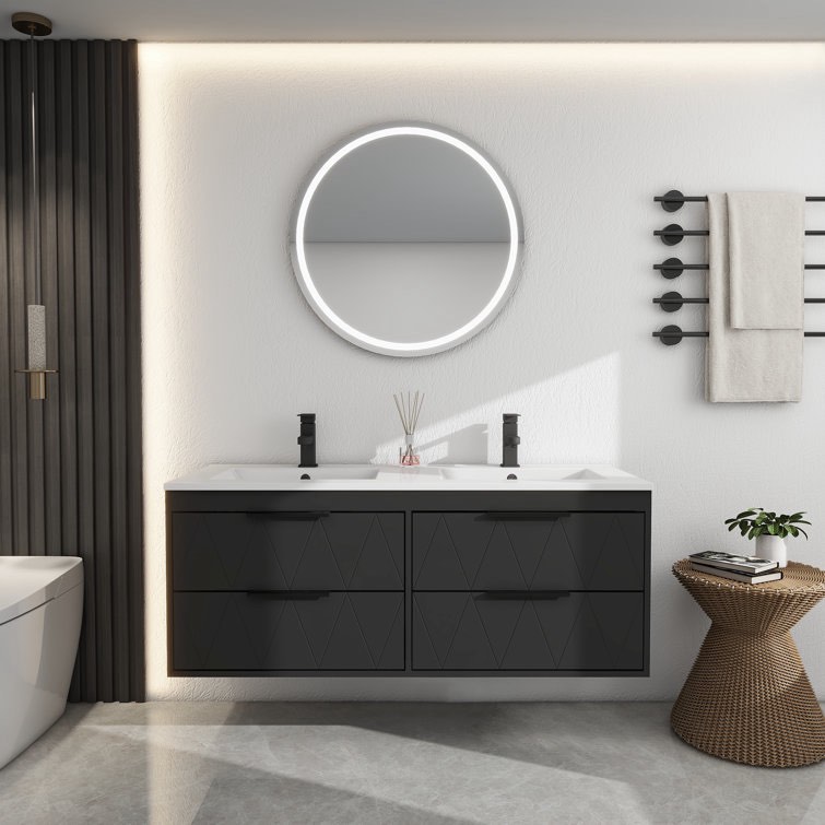 ((INCOMPLETE ONLY PART )) Bathilde 48" Modern Wall-Mount Double Sink Bathroom Vanity with Resin Top, Zinc Alloy Faucet, Painted Floating Cabinet, Soft-close Drawers Base Finish: Black