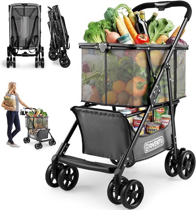 folding shopping cart, 80lbs collapsible grocery cart with removable basket and 360° swivel wheels, single-hand fold, portable personal stroller shopping cart for groceries