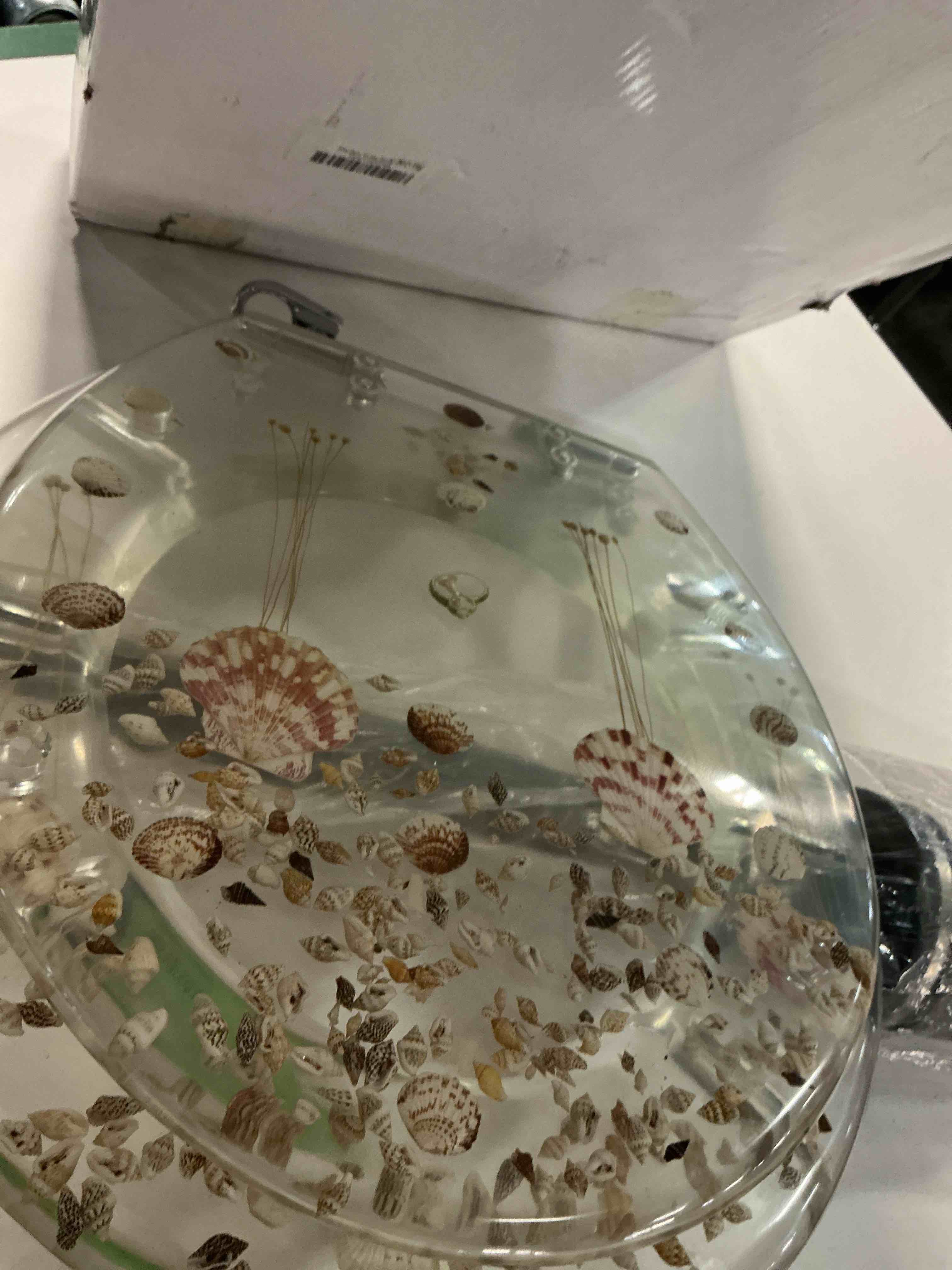 Condition photo showing As Is for Angol Shiold ROUND Resin Toilet Seat Soft Close Quick Release Easy Clean Adjustable Hinges Heavy Duty Transparent Ocean Acrylic Toilet Seats (17 Inch, 3D Clear Seashells, Upgraded hinge)